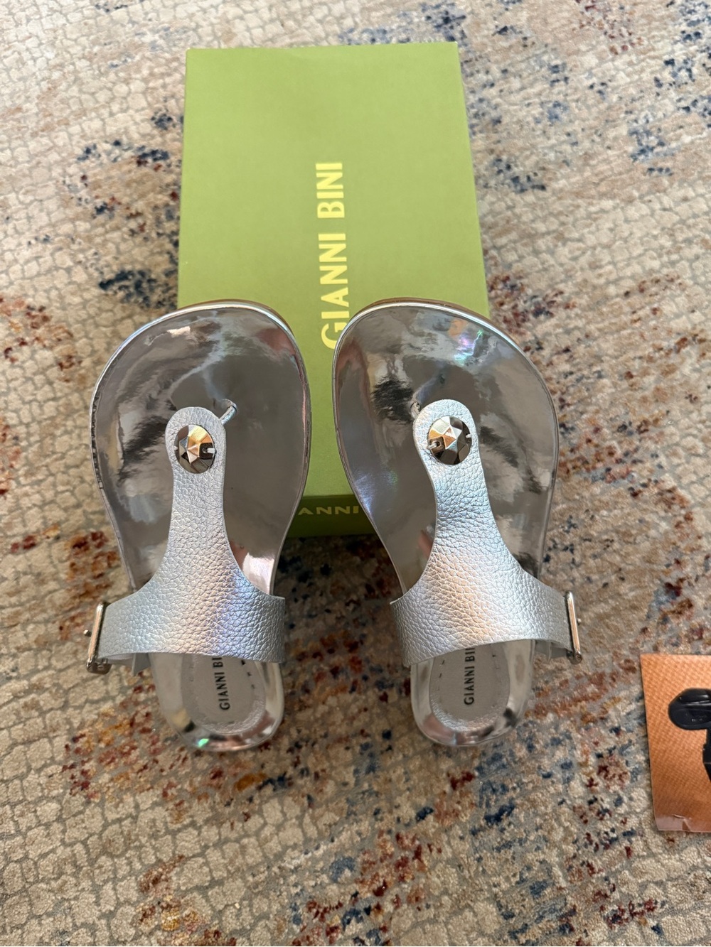 Gianni Bini Silver Metallic T-strap Sandals with Stud Detail